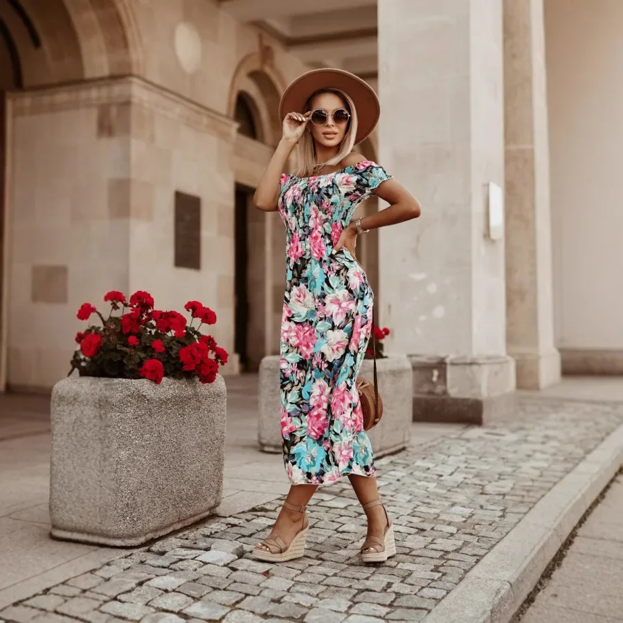 Vrouwen vierkante kraag katoenen print jurk casual korte mouw slanke hoge taille bloemen uit de schouder vakantie strand lange jurk
