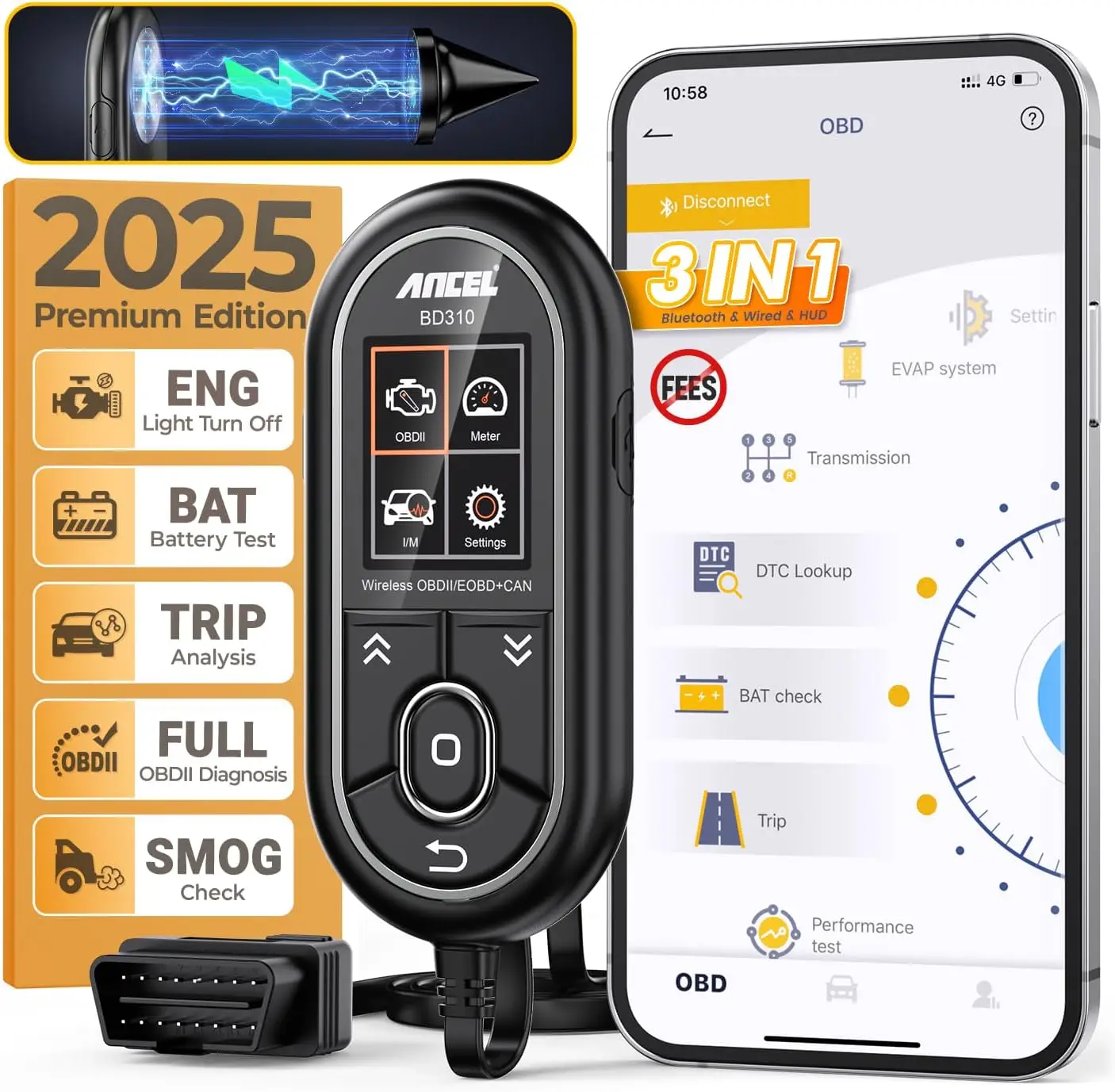 

BD310 OBD2 Scanner - Bluetooth Diagnostic Tool for Android & iPhone, Battery Test, Trip Analysis, Works with All 1996+ Vehicles
