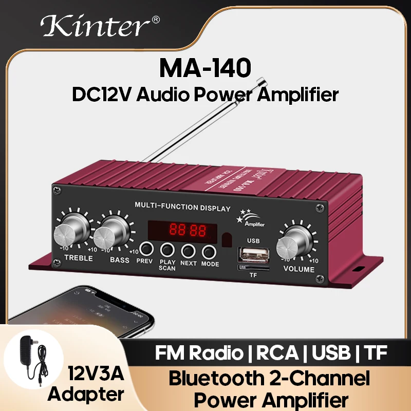 

KINTER Power AMP Dual Channel USB/TF Bluetooth FM Radio Stereo Audio Amplifier for Home & Car with Hi-Fi Sound, DC12V Powered