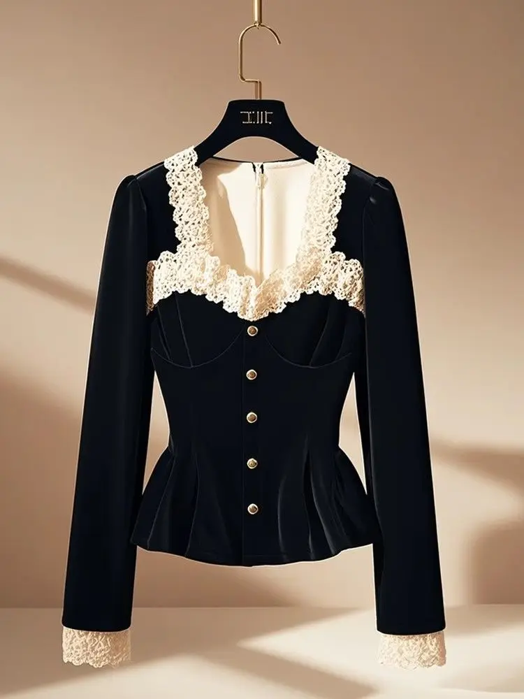 قميص نسائي كلاسيكي فاخر بأكمام طويلة من الدانتيل من المخمل قميص نسائي أنيق مزين بالترتر قميص نسائي للحفلات المكتبية 2024 كوري جديد