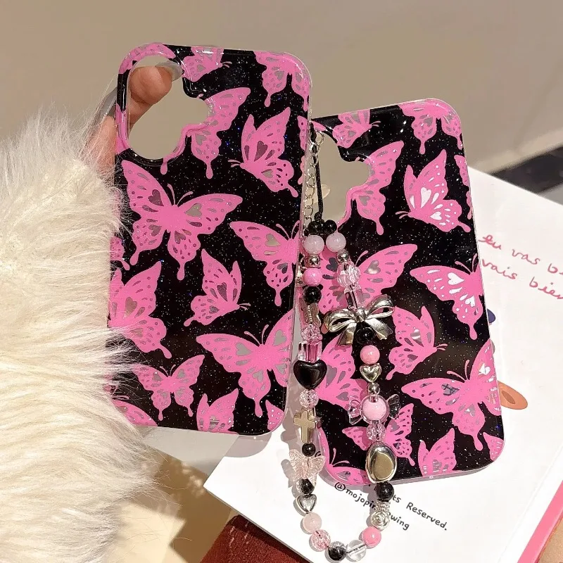 Glitter Pink Butterfly Totem Shiny Girl Phone Case For IPhone 16 15 14 13 Pro Max Case Cute Luxury Cartoon Shockproof Soft Cover