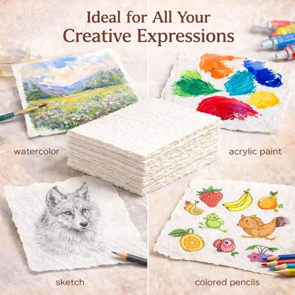 Retro 20 Sheets Watercolor Paper Blank Handmade Painting Paper Rough/Textured Hairy Edge Cotton Paper White Textured Paper