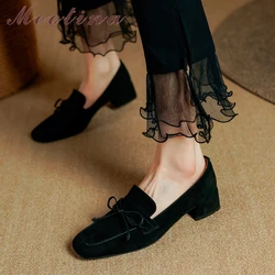 Meotina Women Genuine Leather Loafers Square Toe Flat Shoes Bow Fashion Ladies Kid Suede Footwear Autumn Spring Black Brown 40