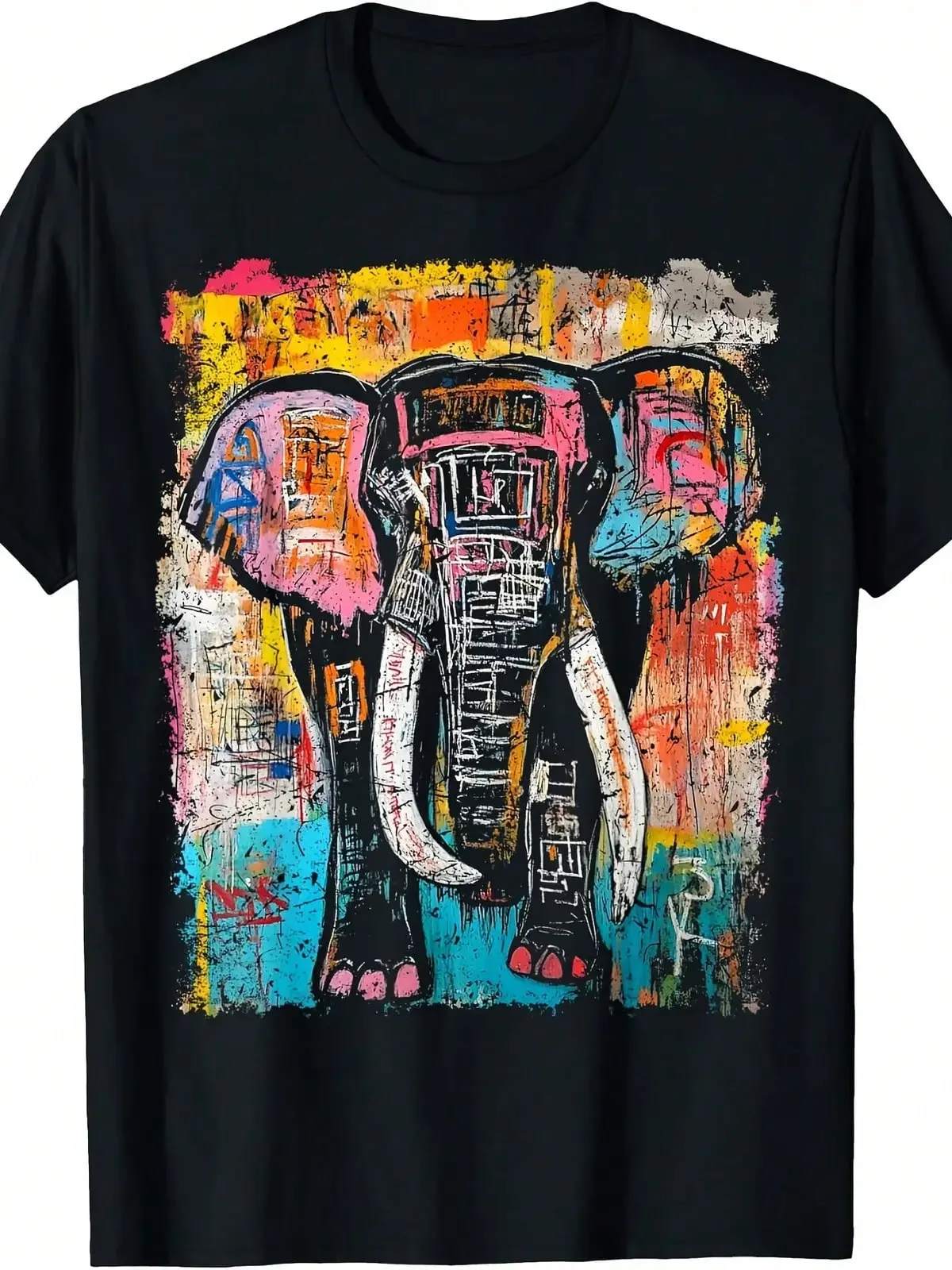 Pop Art Style Elephant Graffiti T-Shirt Same Style For Men And Women 2026 Summer Short Sleeve Printed T-Shirt 180G,Breathable And Comfortable Short-Sleeved Round-Neck Top, Suitable For All Seasons, Everyday Wear For Wome