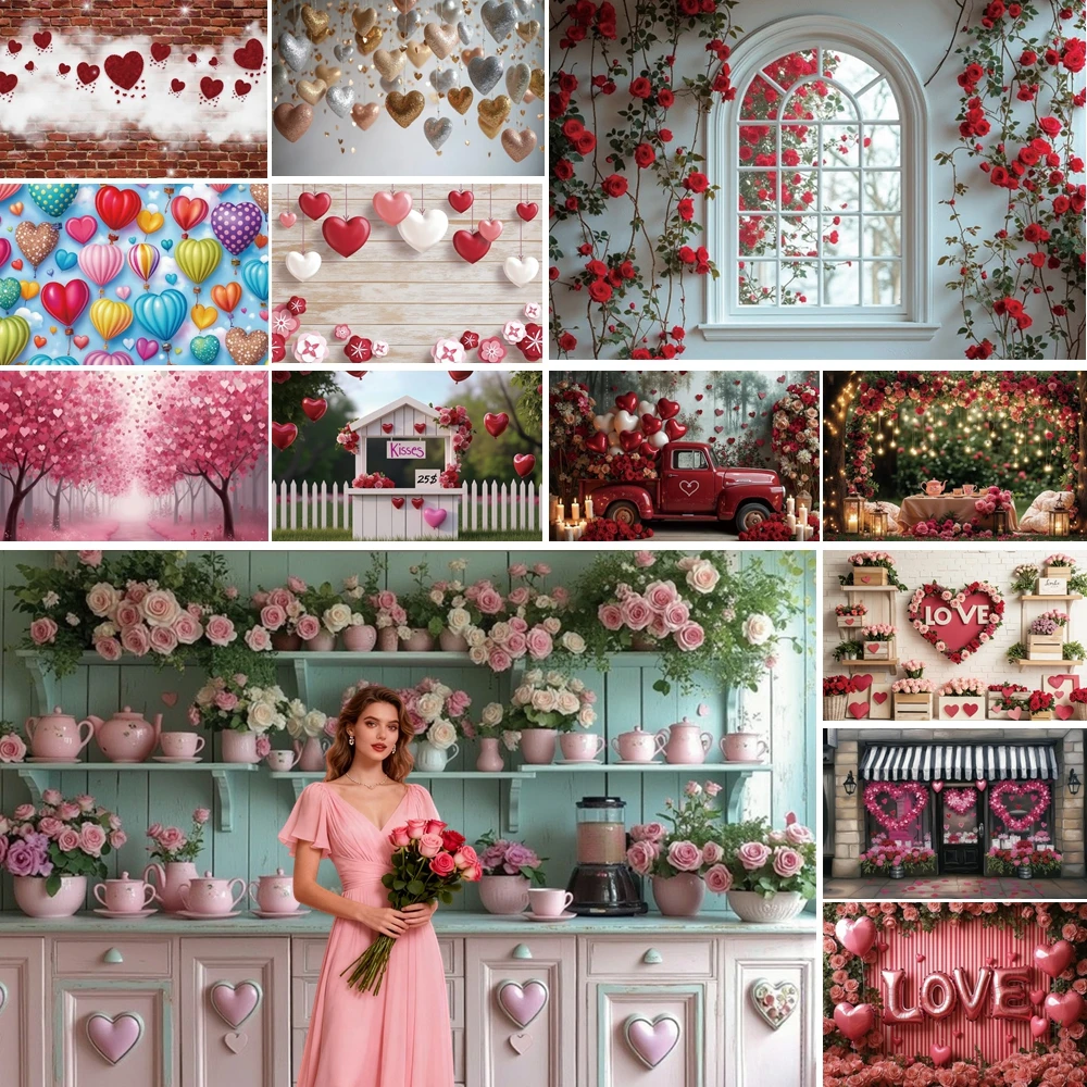 

MOON.QG Valentine's Day Photography Background Circus Tent Heart Shaped Lights Floral Pathway Backdrop Lover Birthday Wedding