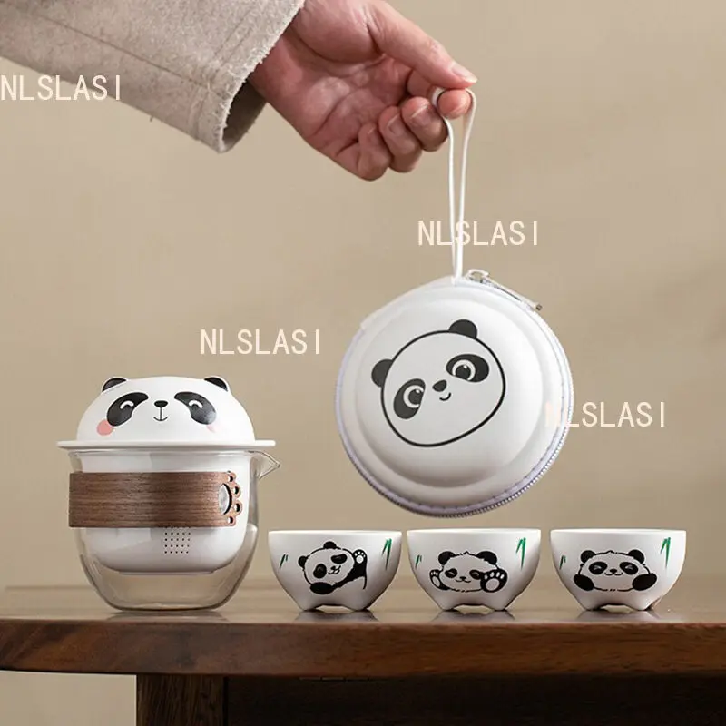 1 Pot, 3 Cups Panda Tea Set Outdoor Portable Travel Tea Set Chinese Style Hand Held Teapot Tea Tasting Cup Teaware Sets
