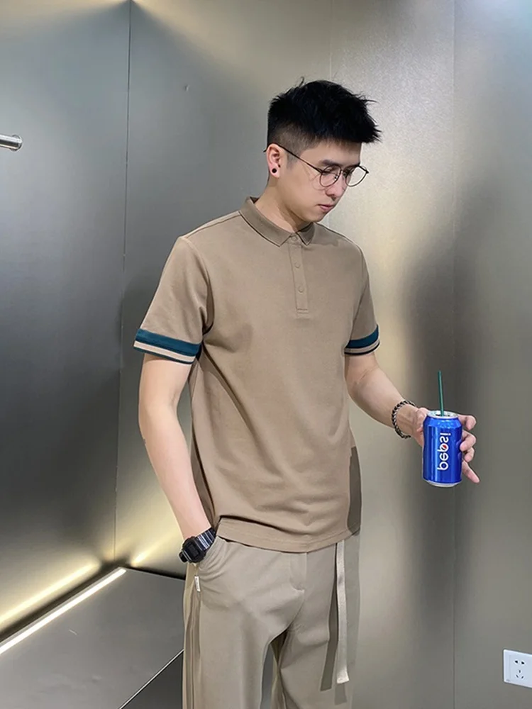 

Summer 2023 Men's irt Stripe Pattern Turn-down Collar ort Sve Faionable Youth Slim Fit Pure Color Casual Top