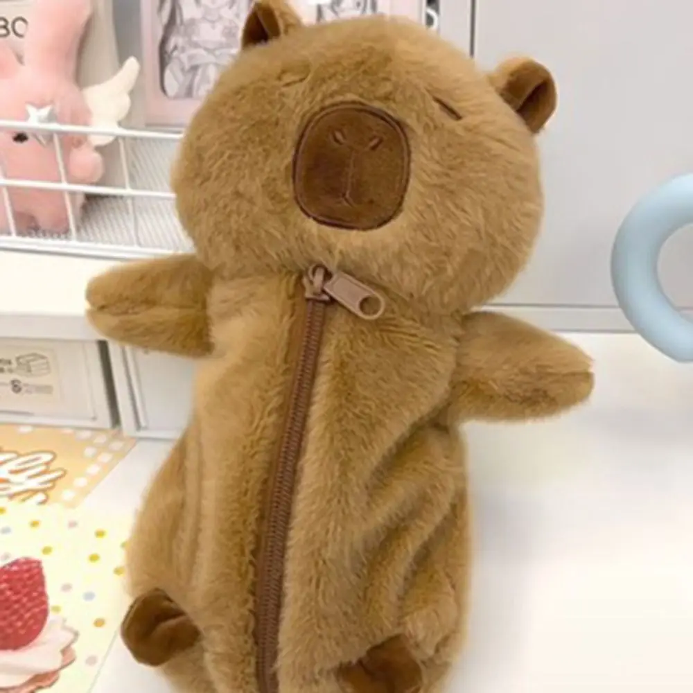 Bolsa para bolígrafos de felpa de capibara de gran capacidad, muñeco de Animal con cremallera, muñeco de peluche de capibara de dibujos animados, bolsa para lápices de felpa Capibara bonita