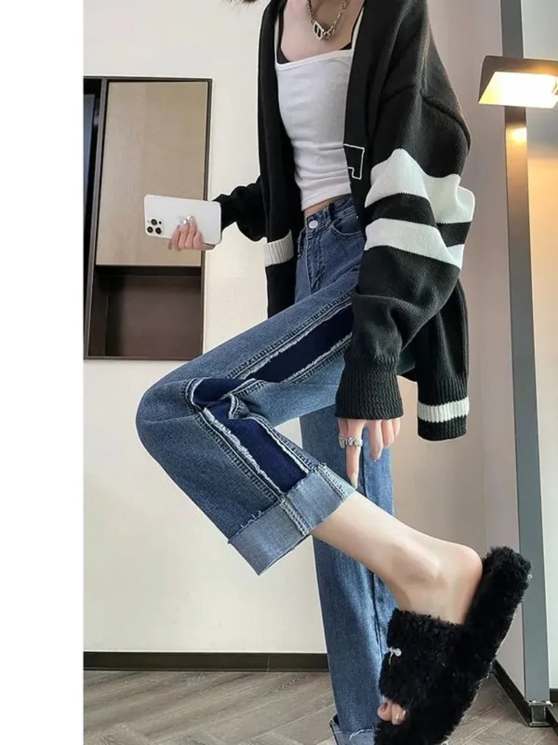 GAODINGLAN Side Contrast Color Women Jeans High Waist Loose Wide Leg Cropped Pants Streetwear Baggy Blue Denim Trousers Ladies