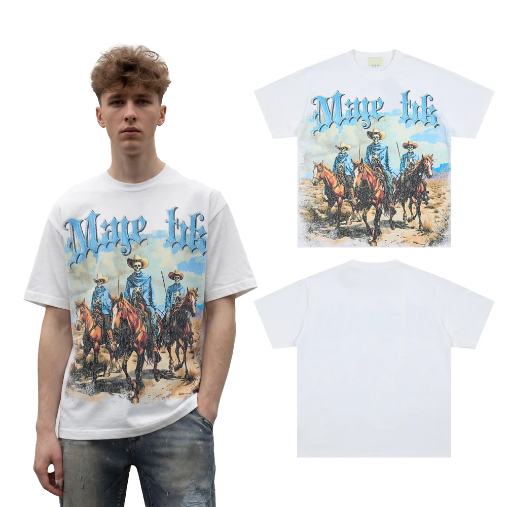 Summer Streetwear Clothing Skull Cowboys Graphic T Shirts Terry Cotton Casual Hiphop Street Style Vintage Short Sleeve Tees Mens