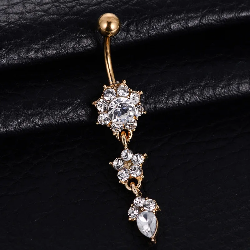 Charm Flower Tassel Navel Rings For Women Silver Gold Color Bikini White Rhinestone Belly Button Nail Body Piercings Jewelry