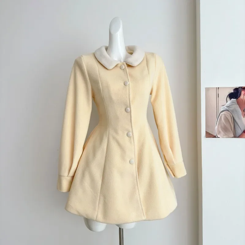 

MiiiiX Sweet Elegant Yellow Midi A-line Woolen Coat Women's Princess Coat Waist Dress Thicken Jacket 2024 Autumn Female Clothes