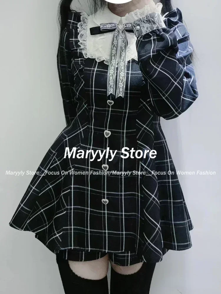 Japanres Sweet Preppy Style Bow Ruffles Dresses Women Y2k Harajuku Slim Mini Dress Autumn Gothic Plaid Long Sleeve Party Dress