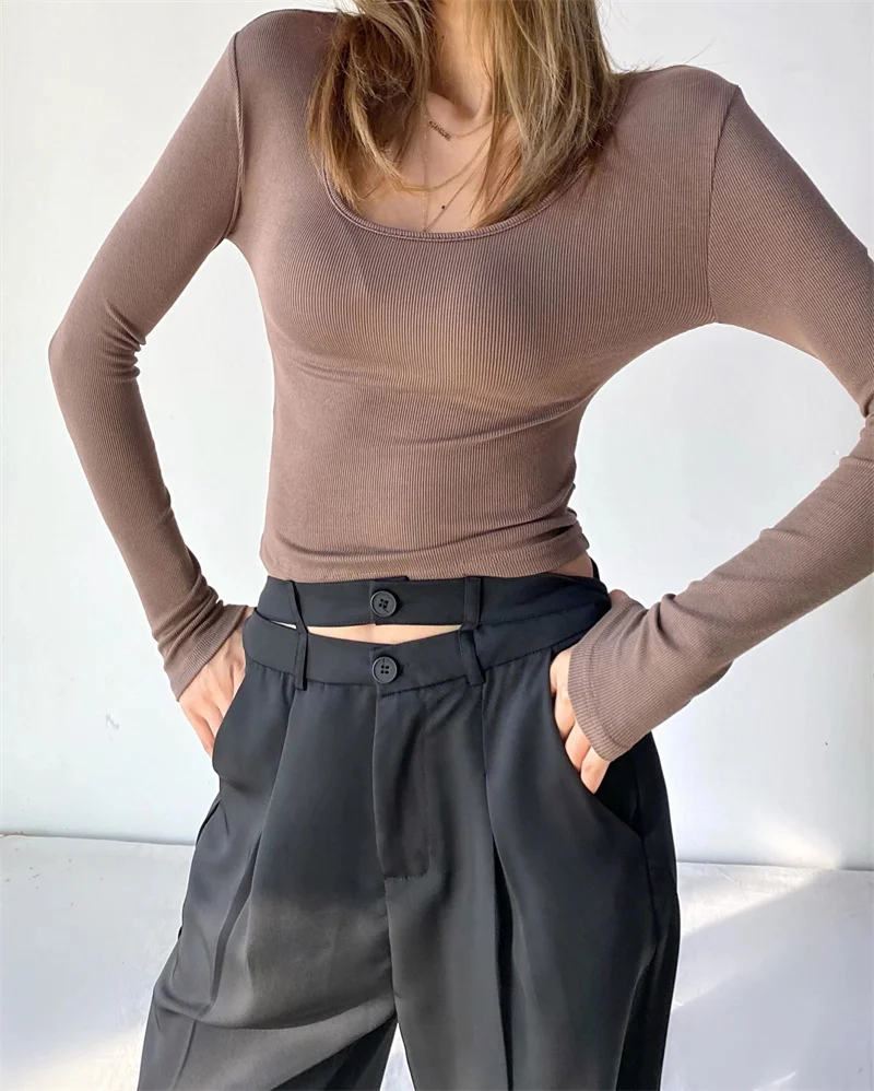 الأمريكية Sle مضلع سليم صالح طويل Sve تي شيرت المرأة عالية الخصر الخريف الشتاء مثير البطن زر التعرض ort طول L... #3