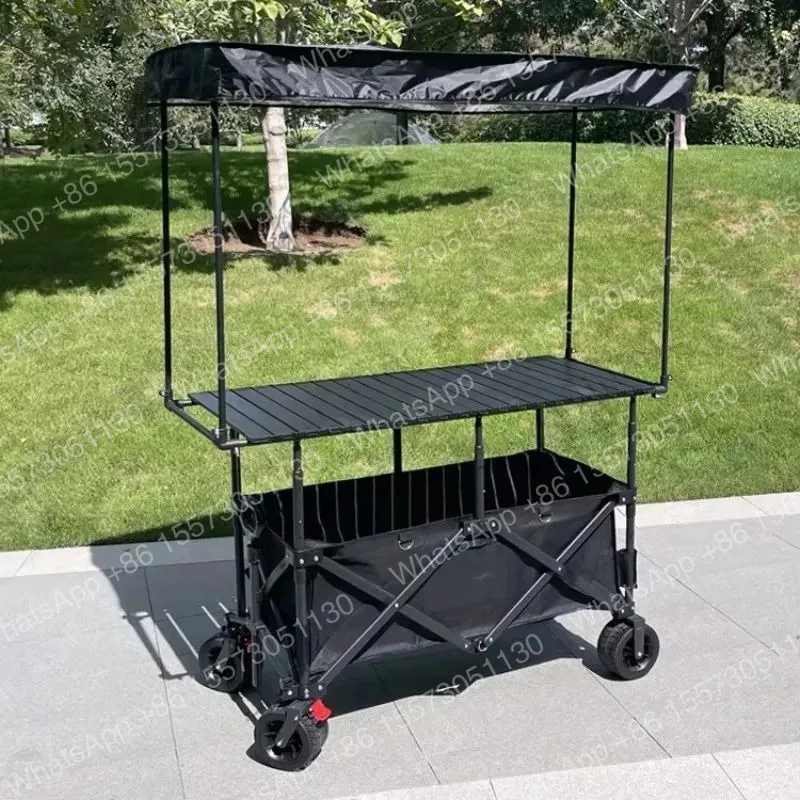 Folding Trolley Portable Food Stall Wagon Hawker Cart Foldable Utility Cart with Folding Table Mobile Shop with Sunshade Tent