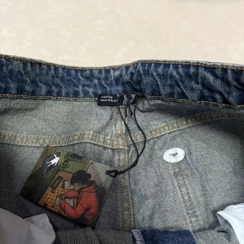 بنطلون جينز Derschutze ممزق ومطرز بأرجل مستقيمة Y2K للجنسين من ماركة DERSCHUTZE من قماش الدنيم #4