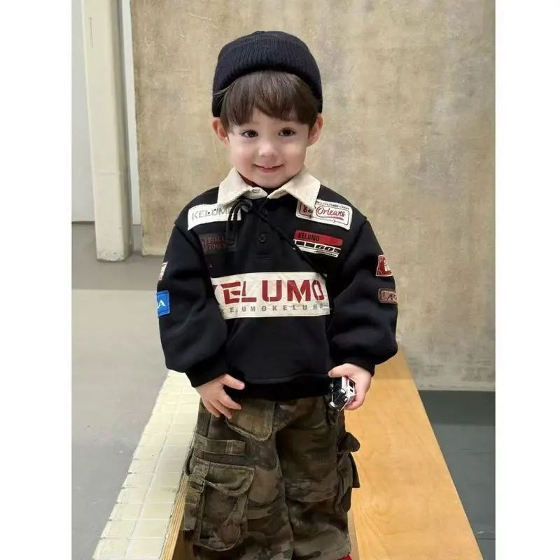 Boys' Fleece Hoodie Aet For Children's Autumn And Winter 2026 New Item Collar Letter Top Boys' Baby Thick Camouflage Pants