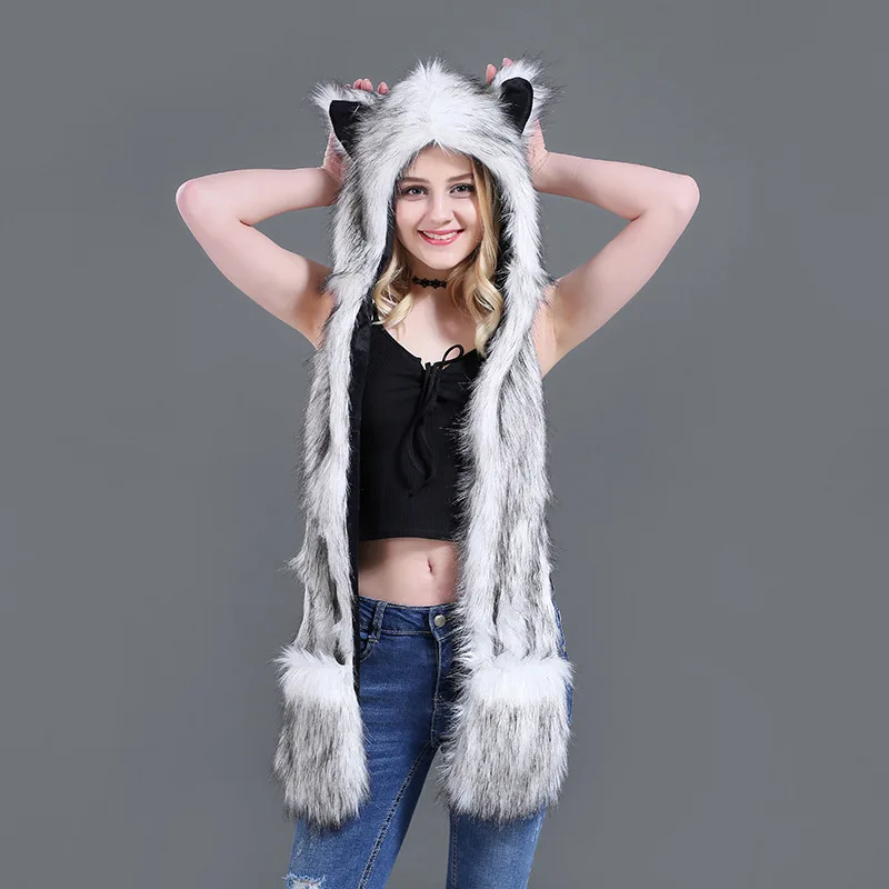 Faux Fur Animal Wolf Tiger Ears Hat Gloves Mittens Long Scarf Snood Hood Paws