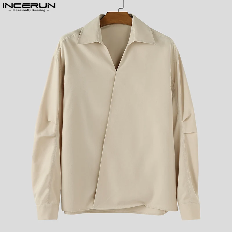 

INCERUN Мужская рубашка, однотонная, с лацканами, с длинным рукавом, свободные топы в корейском стиле, мужские рубашки, уличная одежда, 2025 г., модная повседневная мужская одежда