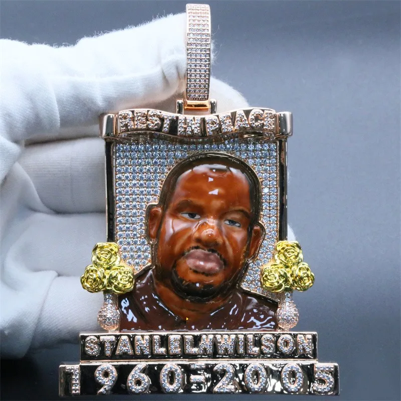 JEWE Custom Portrait Pendant Iced Out Moissanite Diamond Rose Gold Memory Pendants Hip Hop Jewelry Enamel RIP Pendant Chain