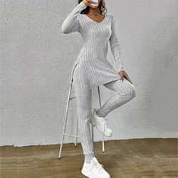 Casual Two Piece Set Women Outfits Autumn/Winter New Fashion Solid Knitted Long Sleeve Sweater & Loose Pants Suit Elegant