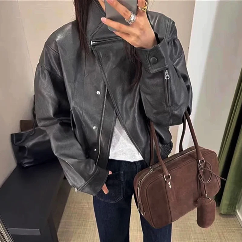 

Retro Sle Zipper Leather Jaet Loose High Collar Low Profile Faionable Biker Sle ort Outerwear for Women