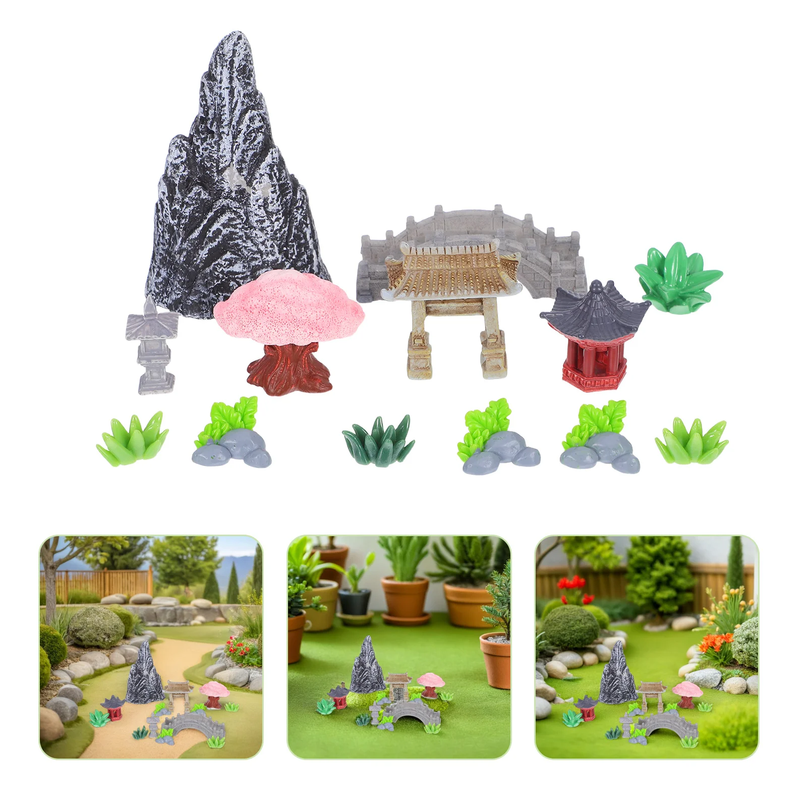 

1 Set Miniature Landscape Ornament: Micro Rockery Garden Decor With Resin Pavilion Bridge For Indoor Desk Home Chinese