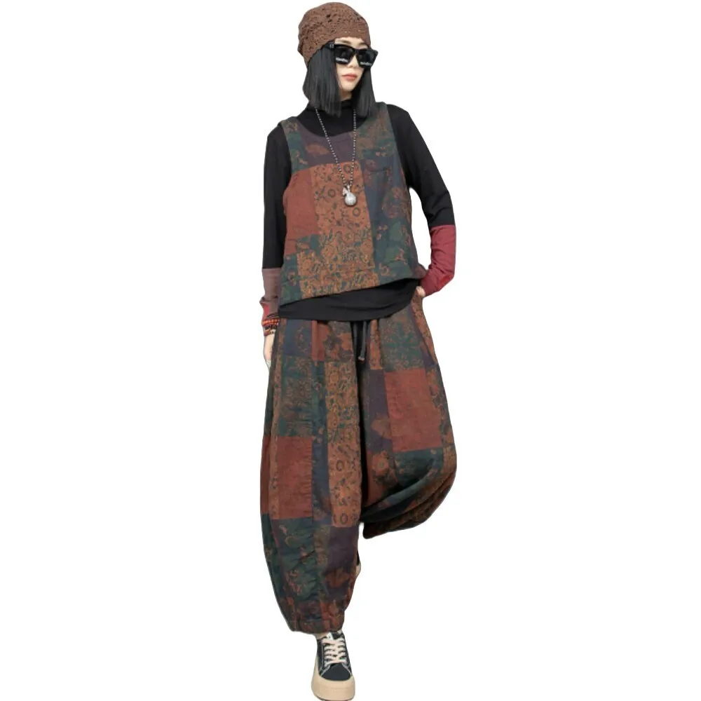 Printed Cotton Linen Vest + Pumpkin Pants Two-piece Set Women 2024 Autumn Loose Fashionable Outfit ZF217