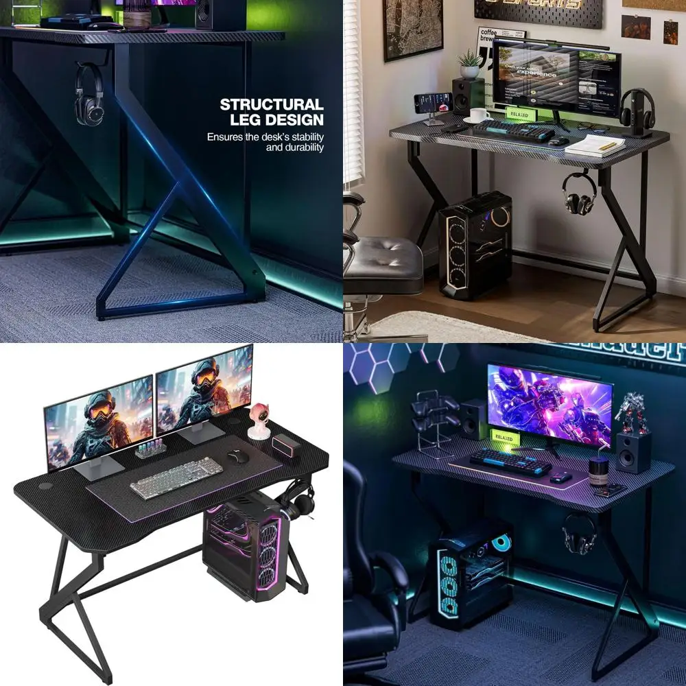 47 Carbon Fiber Z-Shaped Gaming Desk with Headphone Hook for PC Workstation