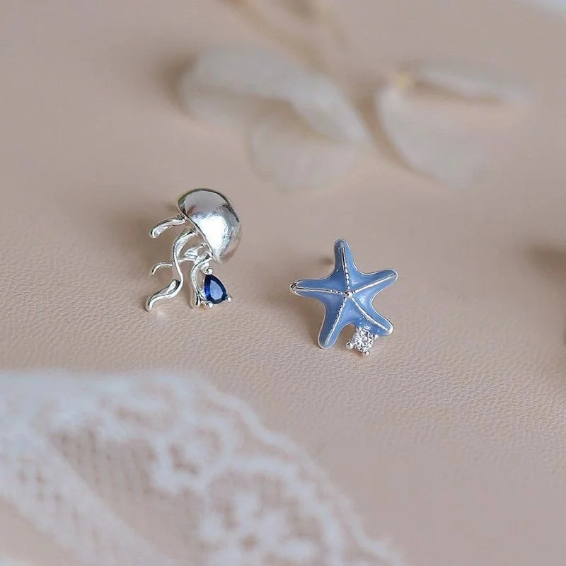 Cute Starfish Jellyfish Asymmetric Stud Earrings For Women Girl Metal Enamel Shell Earrings Sweet Romance Jewelry Gifts e1661