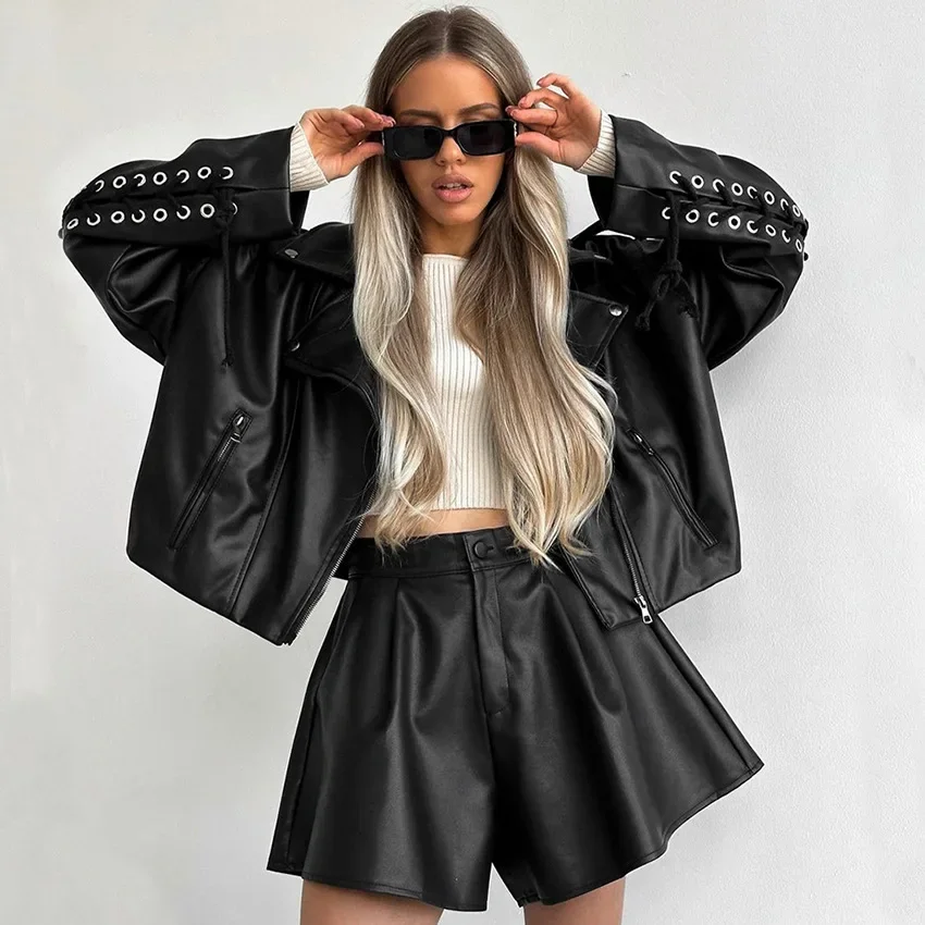 Black Pu Leather Shorts Women Fashion High Waist Wide Leg Mini Shorts Autumn Winter Casual Loose A-line Shorts 2024 Streetwear