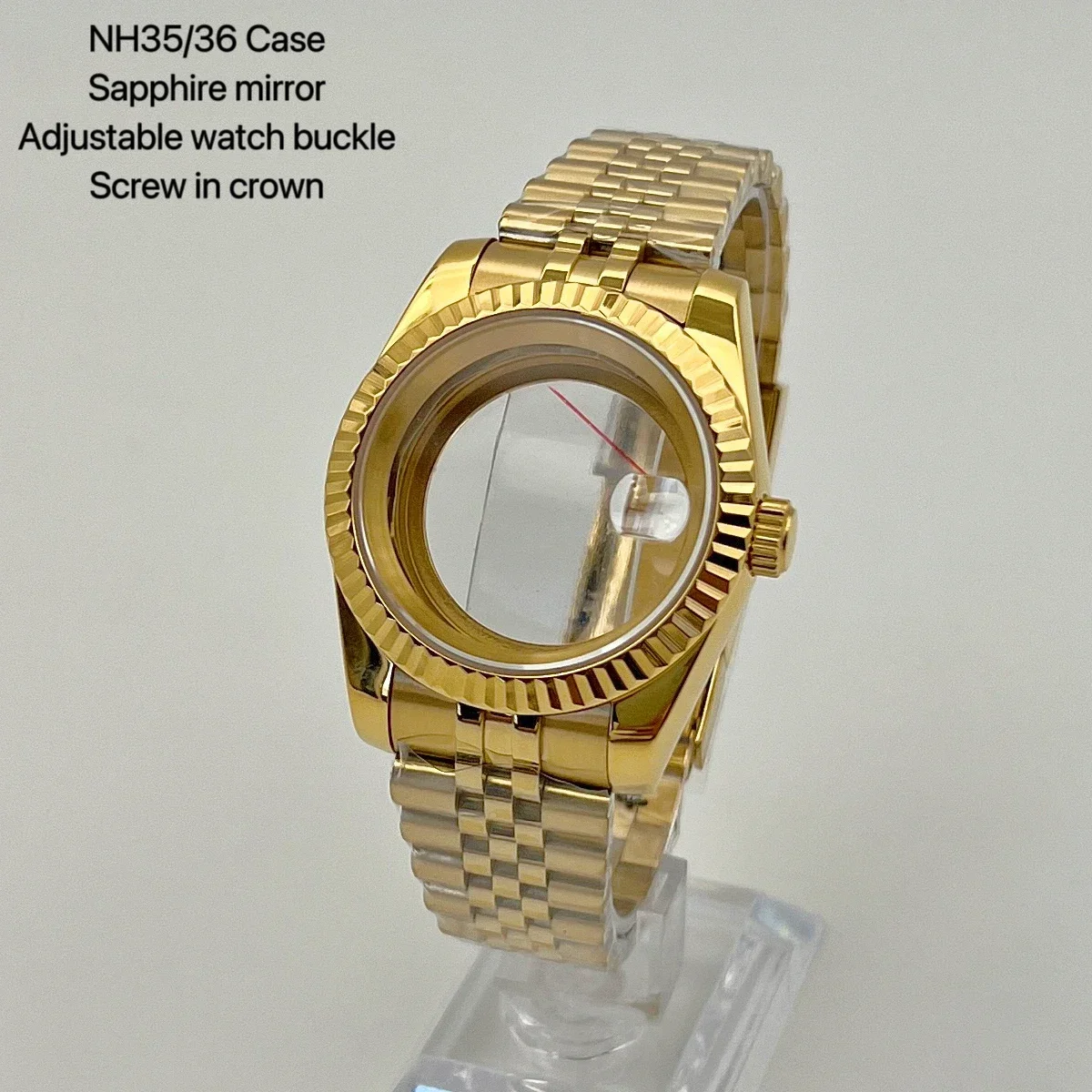 Caja NH35 de oro completo de 39mm, correa para presidente de ostra jubileo, pulsera de cristal de zafiro para piezas de reloj de movimiento NH35 NH36