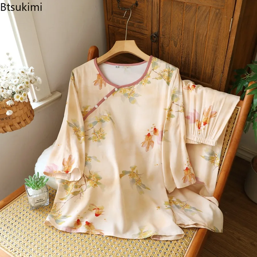 2025 Summer Women's Pajamas 2 Pcs Set Chinese Ancient Style Women Sleepwear Home Suit Short Sleeved Shorts Round Neck Pijamas
