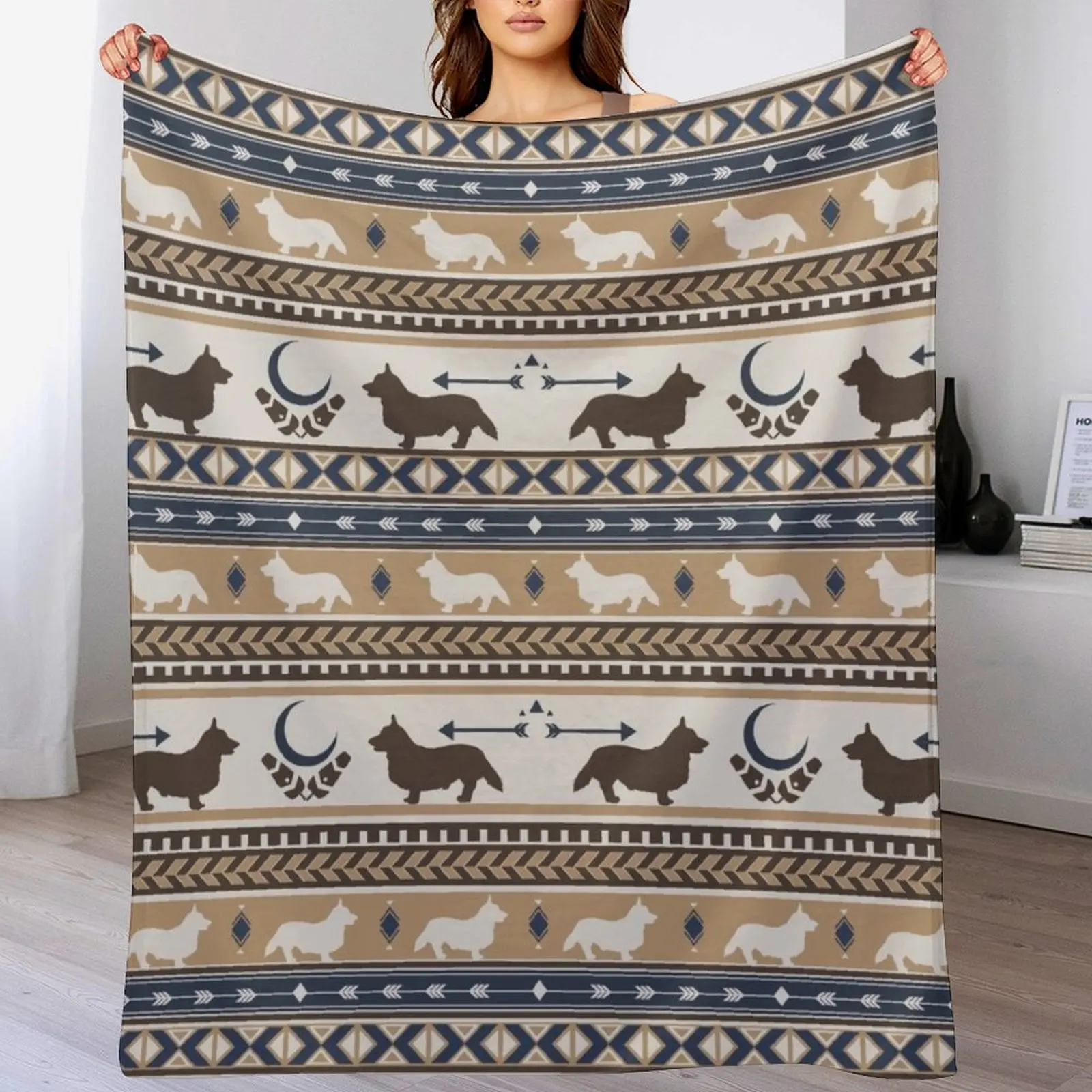 

Boho dogs Corgi tan Throw Blanket Plush Fuzzy Cozy Blanket for Couch Sofa
