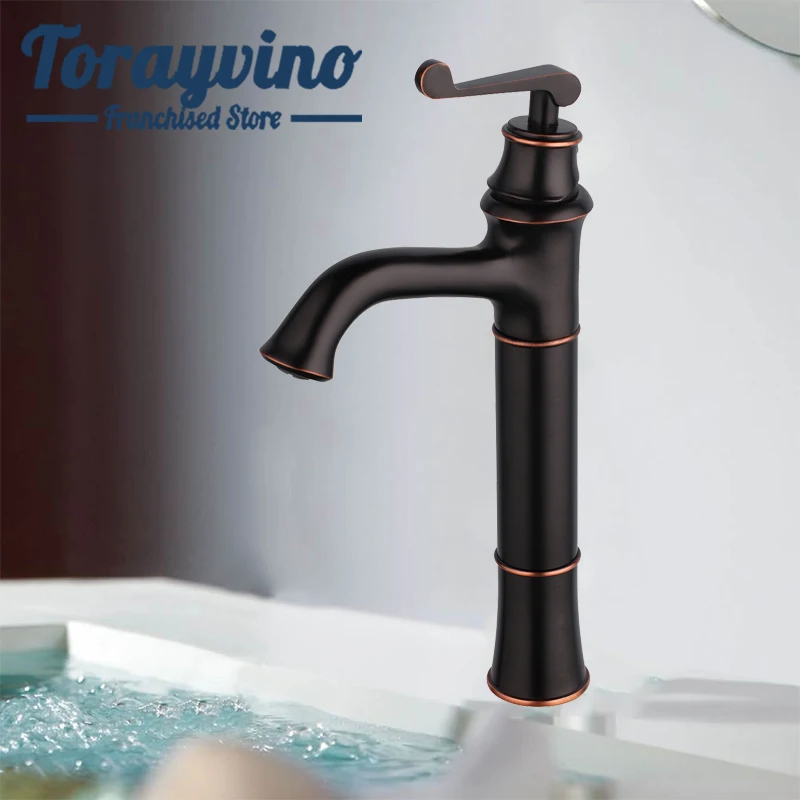 

Torayvino Bathroom Basin Stream Spout brass Oil Rubbed Bronze bamboo sink tap Deck Mount Sink Tap hot & cold water Mixer Faucet