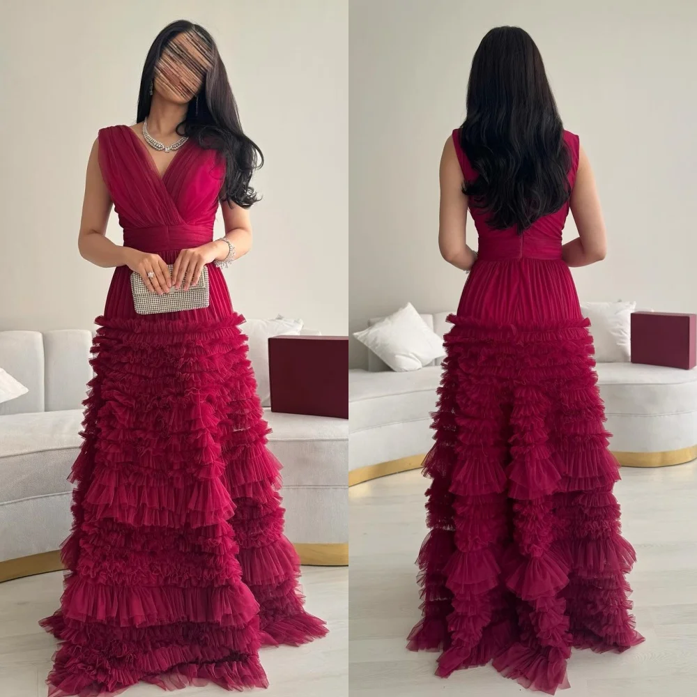 

Customized Fashion Classic Tulle Pleat Ruched Tiered A-line V-neck Long Dresses Bespoke Occasion Dresses Matching Exquisite