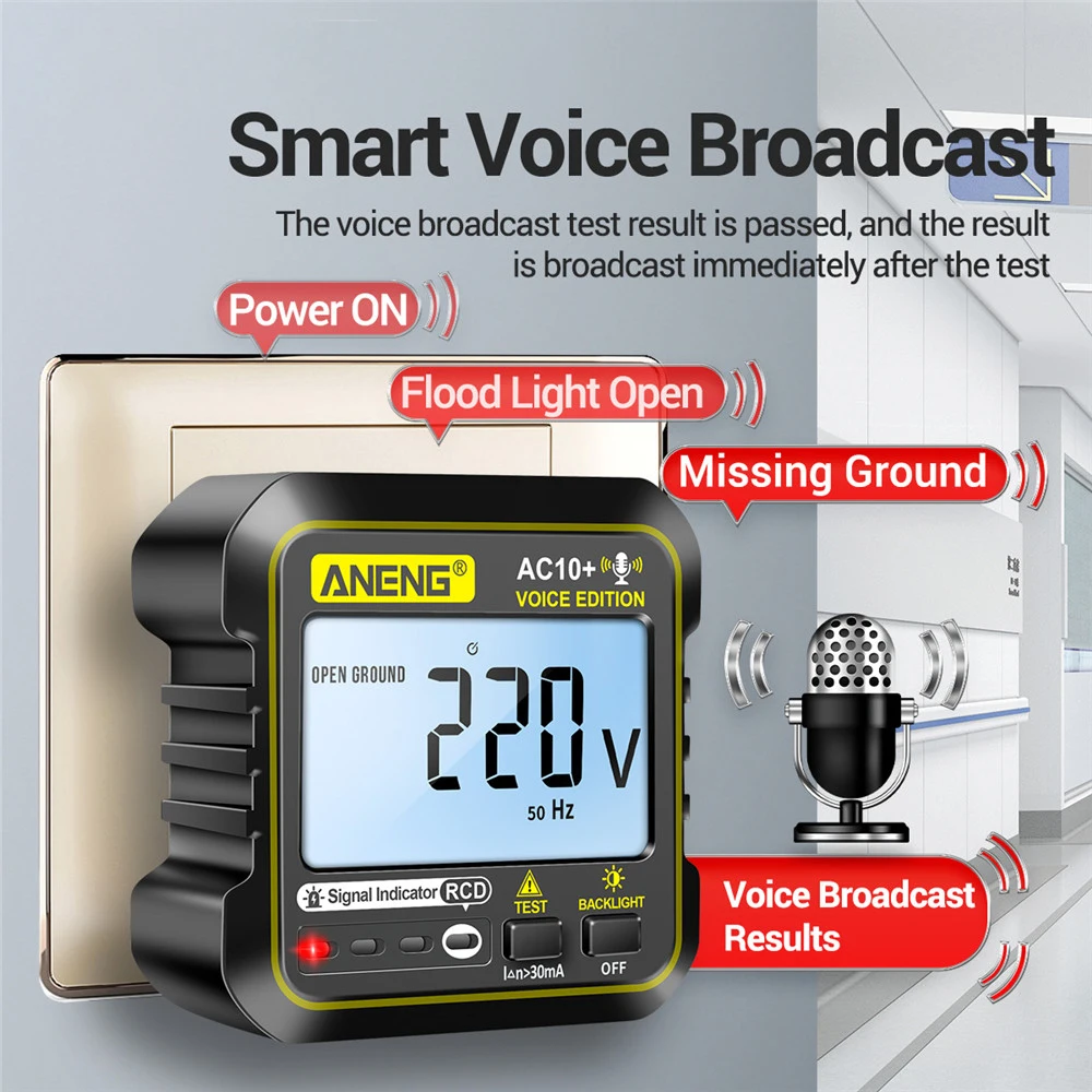 AC10 + 90 ~ 250 V Socket Tester Plug Voltage Detector Voice Broadcast Nul Lijn Plug Polariteit Fasecontrole Fase Detector US EU Plug