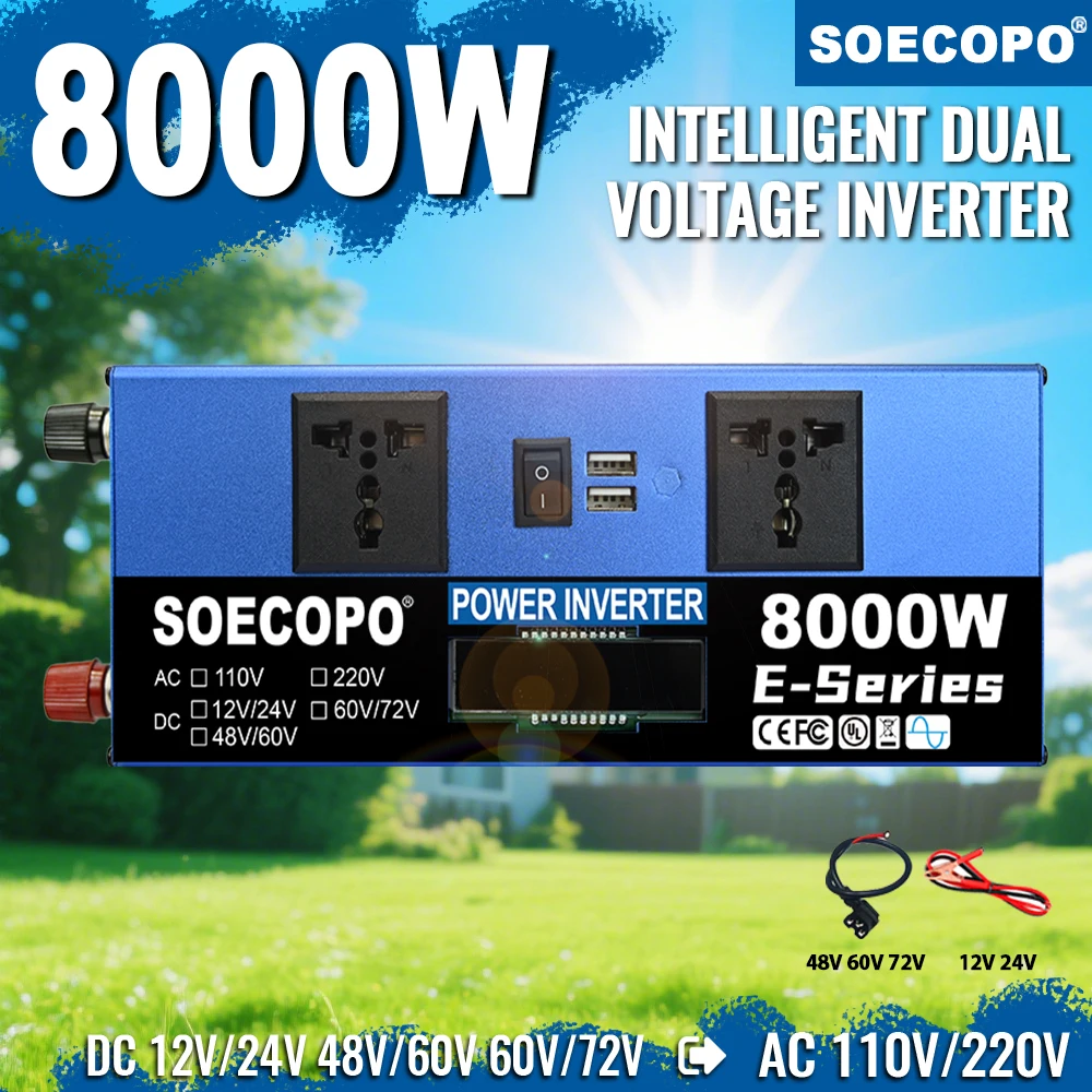 

SOECOPO 8000W Portable 2 USB & 2 Sockets Dual Voltage (110/220V) Smart Current Inverter Solar Input for Camping Home