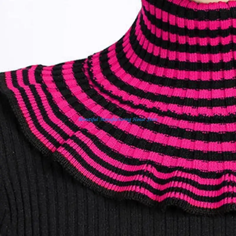 e56a-女性の冬のリブニットフェイク襟マルチカラーストライプ取り外し可能なセータータートルネック-dickey-ストレッチネックウォーマースカーフ
