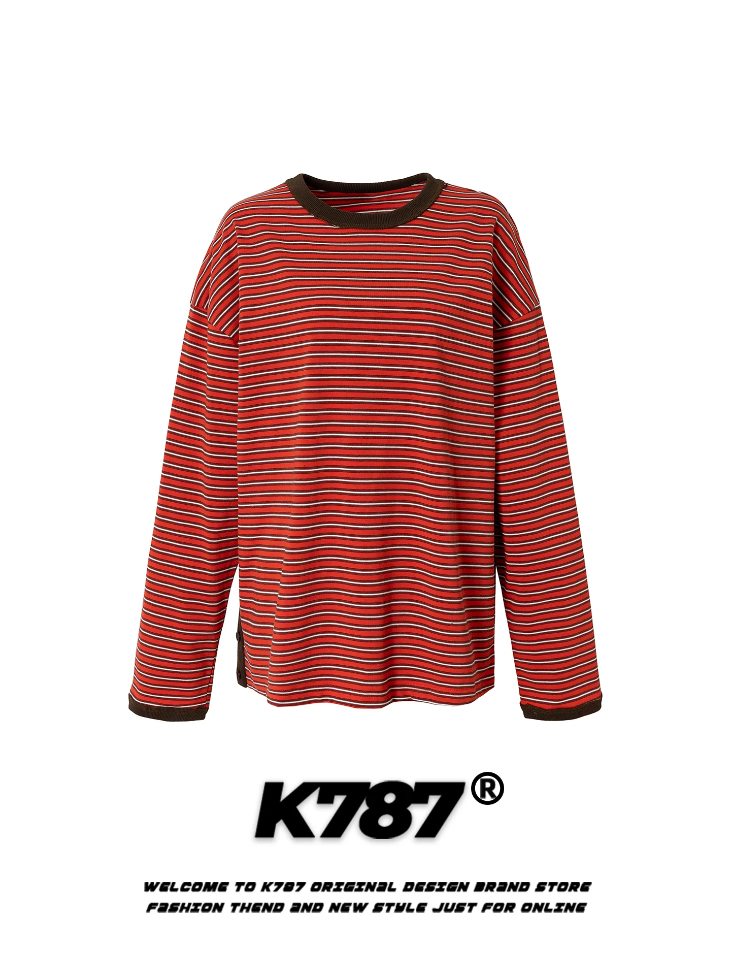 

Футболка K787 в американском ретро-стиле с полосками, круглым вырезом, свободного кроя, повседневная, весенняя, для пар, хлопковая, с длинным рукавом