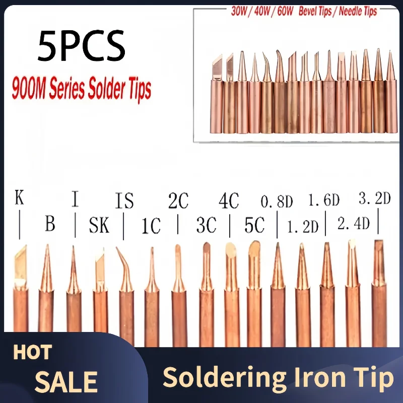 5Pcs 900M-T Series Soldering Iron Tip Pure Copper Soldering Iron Head Set Inside Hot Bare Electric Soldering Iron Welding Tools