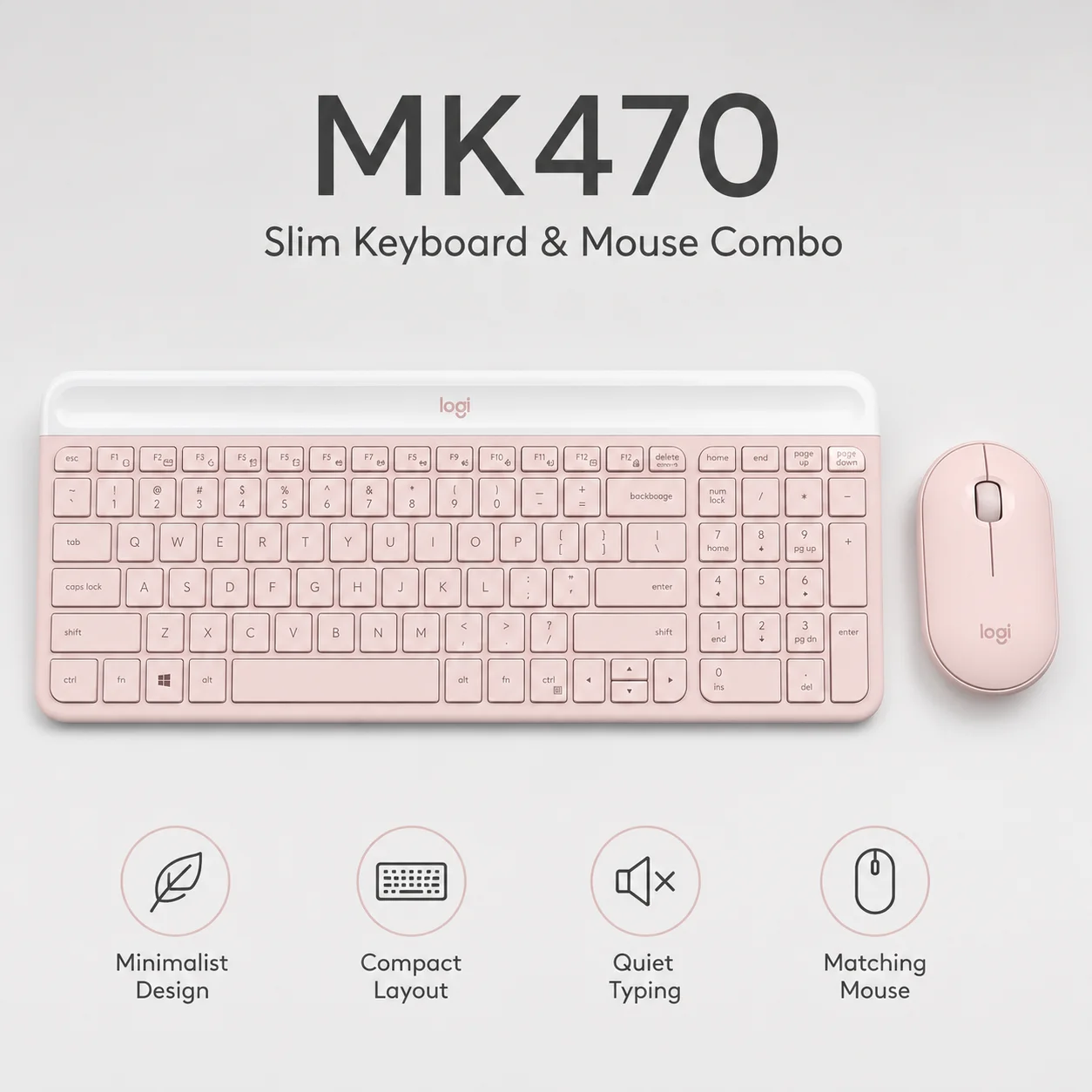 Logitech MK470 Ultra-Slim Wireless Keyboard and Mouse Combo: Silent Click Desk Set - Compact 2.4G USB for PC Laptop