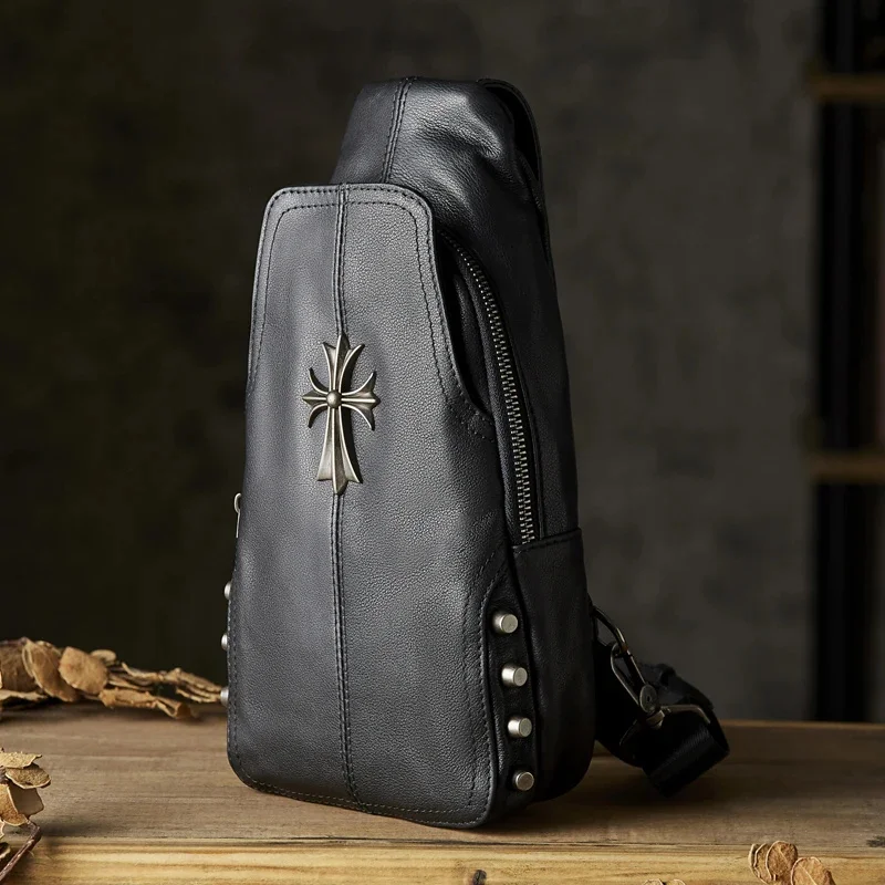 Sac de poitrine en cuir de vachette véritable fait à la main pour hommes, messager multifonctionnel, rétro lancé, bandoulière décontractée en cuir de vachette, punk