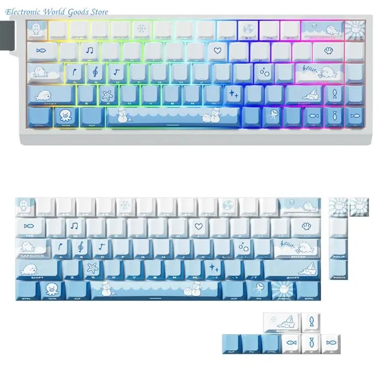 A3PD Snow Seal Theme Keycaps PBT 74 Set Original Height Side Printed Translucent for 60 61 65 67 Mechanical Keyboards