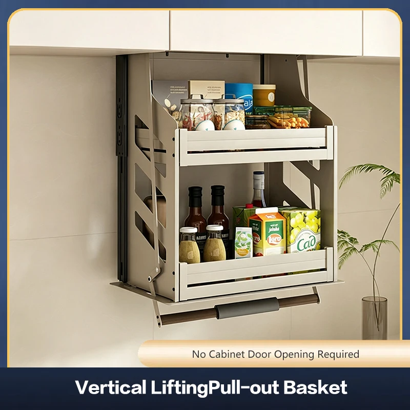 Kitchen Cabinet Pull Down Vertical Lift Basket Soft Close Seasoning Rack Storage Organizer With Heavy Steel Frame And Buffer