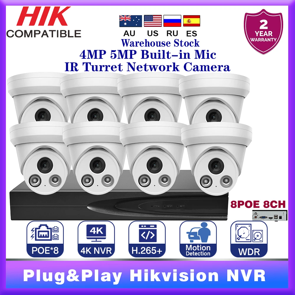 

Hikvision Compatible 4/5MP IR Turret Network Camera Built-in Mic Plug&Play with Hikvision NVR APP View PG108H-8P 8POE 8CH Kits