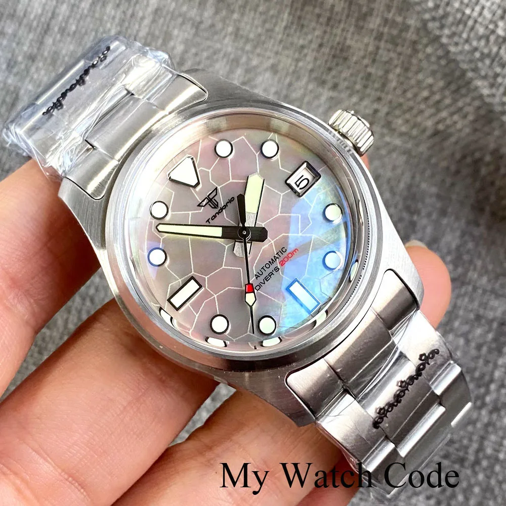 Tandorio Diver Watch 200m Waterproof Field Watches NH35 36mm Lady Men Mechanical Wristwatch MOP Dial Steel Bracelet Luminous