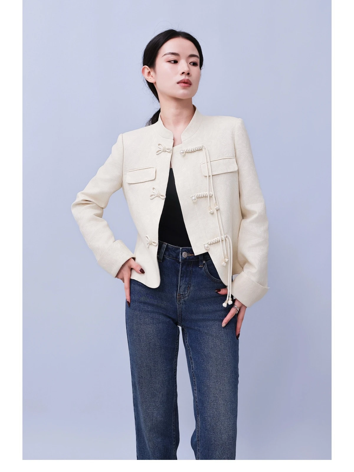 

New 2025 Spring Chinese Sle ort Outerwear Women's Heavy Embroidery Design Stand Collar Jaet Commute Sle Polyester Woo...