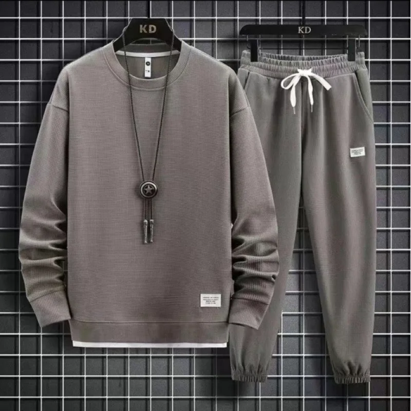 Men Wfle Knit 2 Piece Set Round Neck Long Sleeve Sweatshirt Drawstring Jogger Pants Casual Tracksuit Set