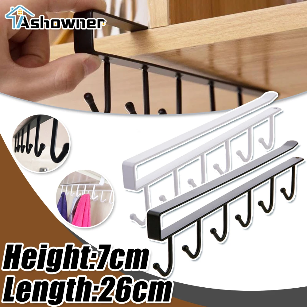 

Iron 6 Hooks Storage Shelf Wardrobe Cabinet Metal Under Shelves Mug Cup Hanger Bathroom Kitchen Organizer Rack Holder Home